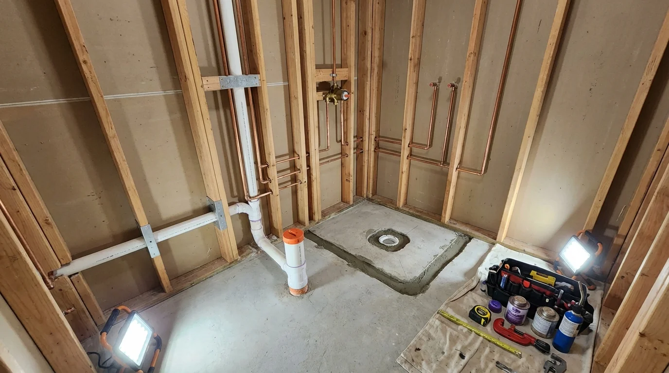 Bathroom rough-in plumbing during remodel by Johns Plumbing LLC in Soperton