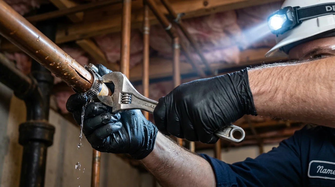 Emergency pipe clamp repair being performed by a Johns Plumbing LLC plumber in Soperton