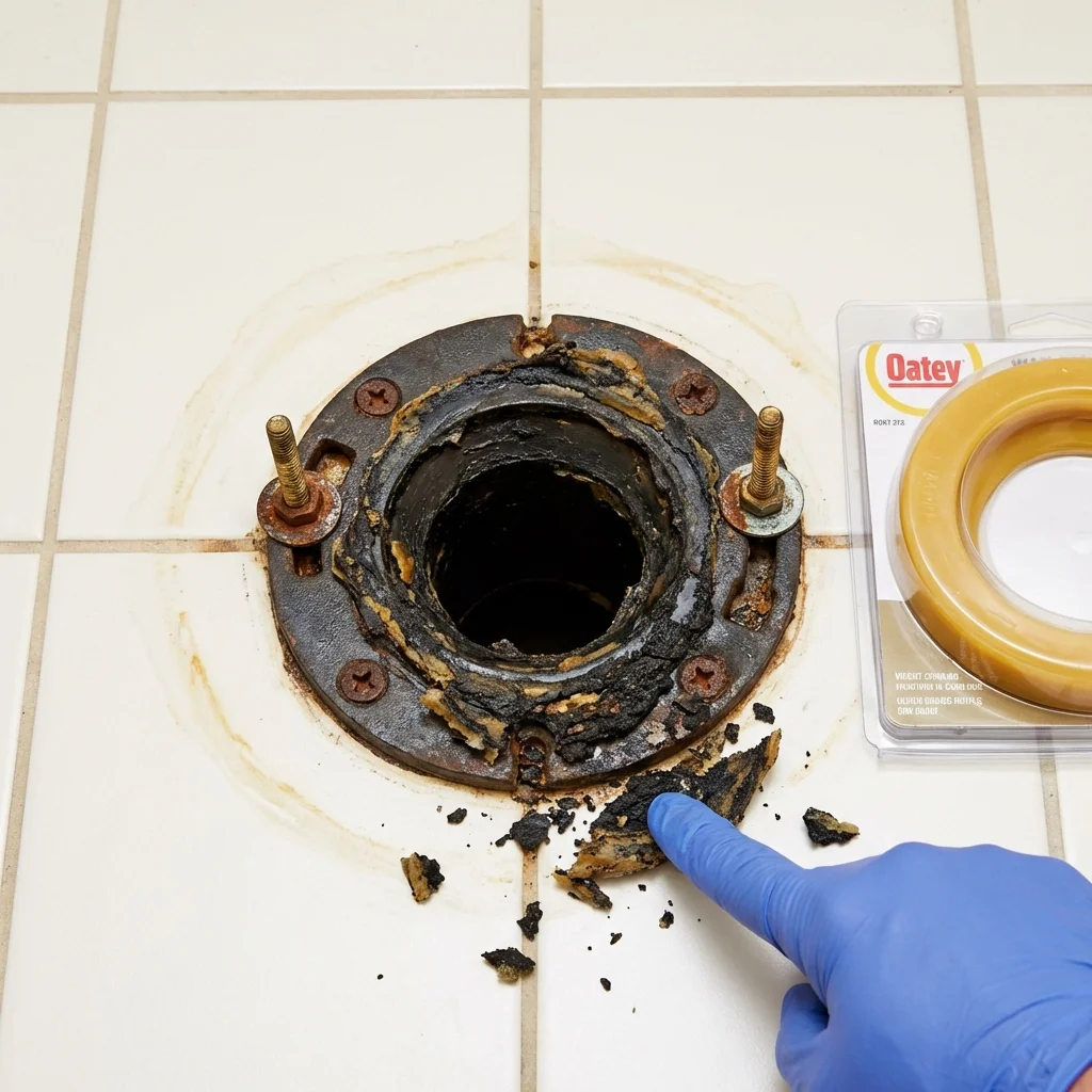 Failed wax ring showing water seepage at the base of a toilet in a Soperton, GA home
