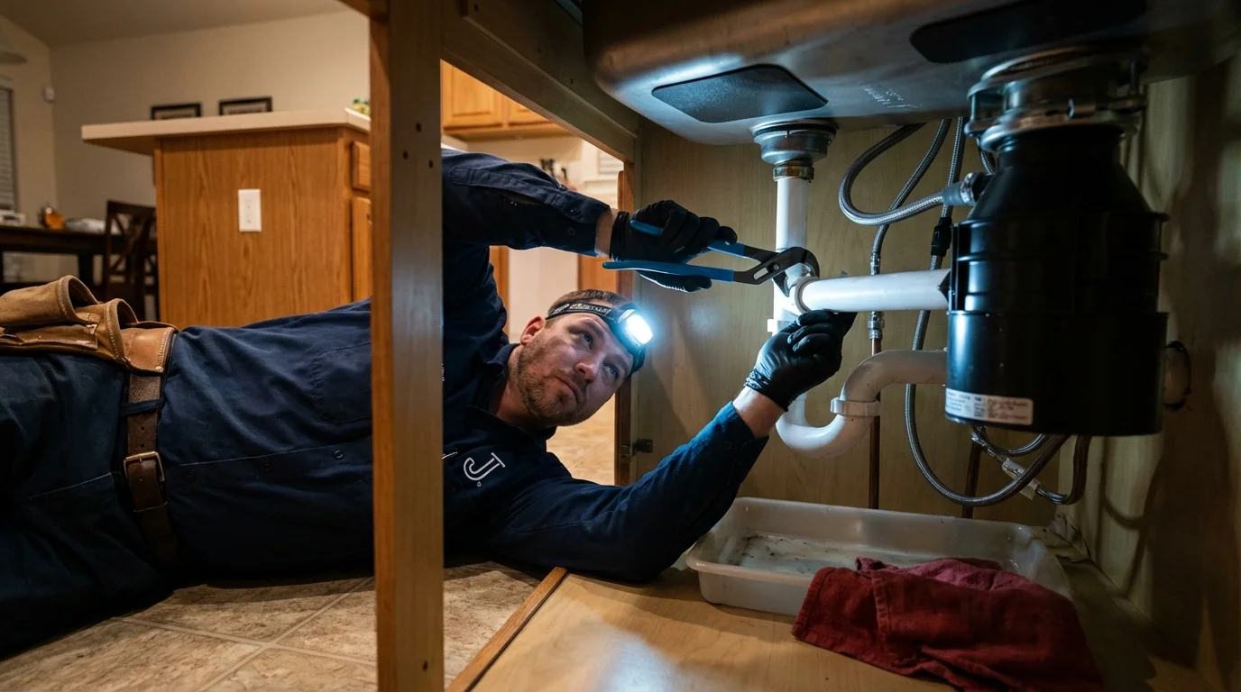 P-trap and supply line connections under a kitchen sink showing a common leak point in Soperton, GA